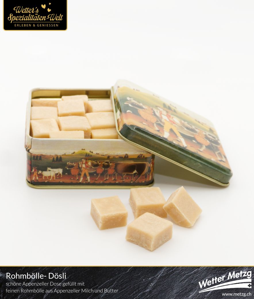 Rohmbölle / Rahmtäfeli / Caramel im Appenzeller Dösli | einzigartige Appenzeller Rohmbölle in schöner Dose | 150 Gramm
