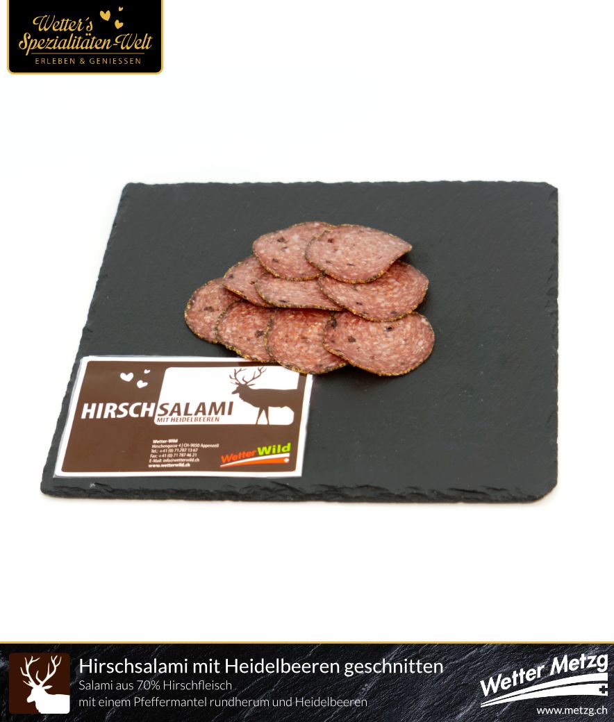Hirschsalami mit Heidelbeeren im Pfeffermantel | geschnitten | 100 Gramm