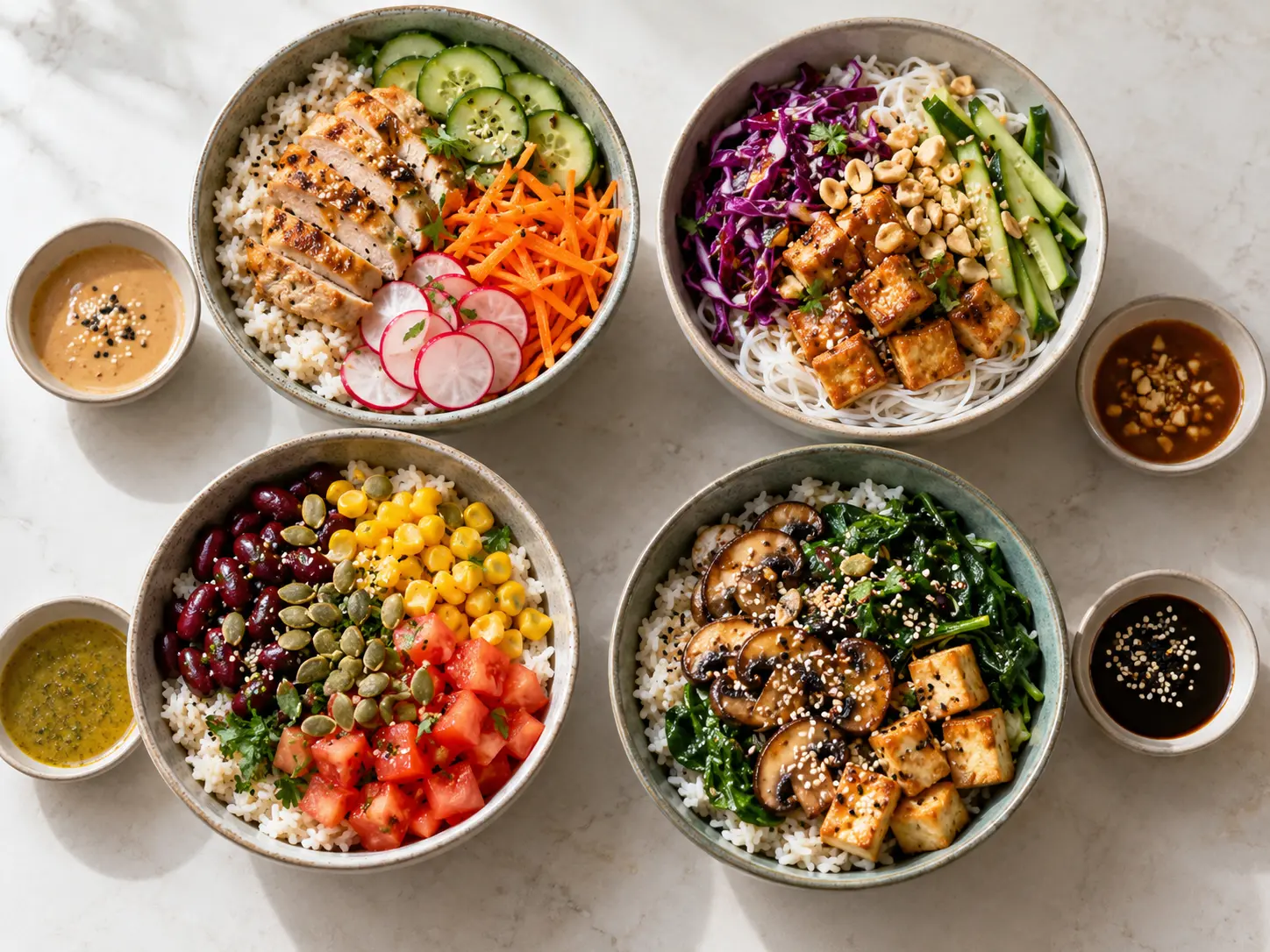 Vier Bowl-Kombinationen mit Reis, Reisnudeln, Poulet, Tofu und knackigem Gemüse