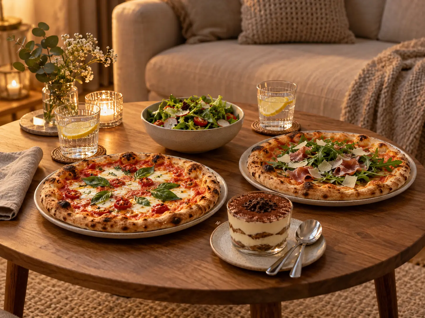 Essen für eine Date Night zuhause: Pizza, Salat und ein Dessert zum Teilen auf einem kleinen Tisch