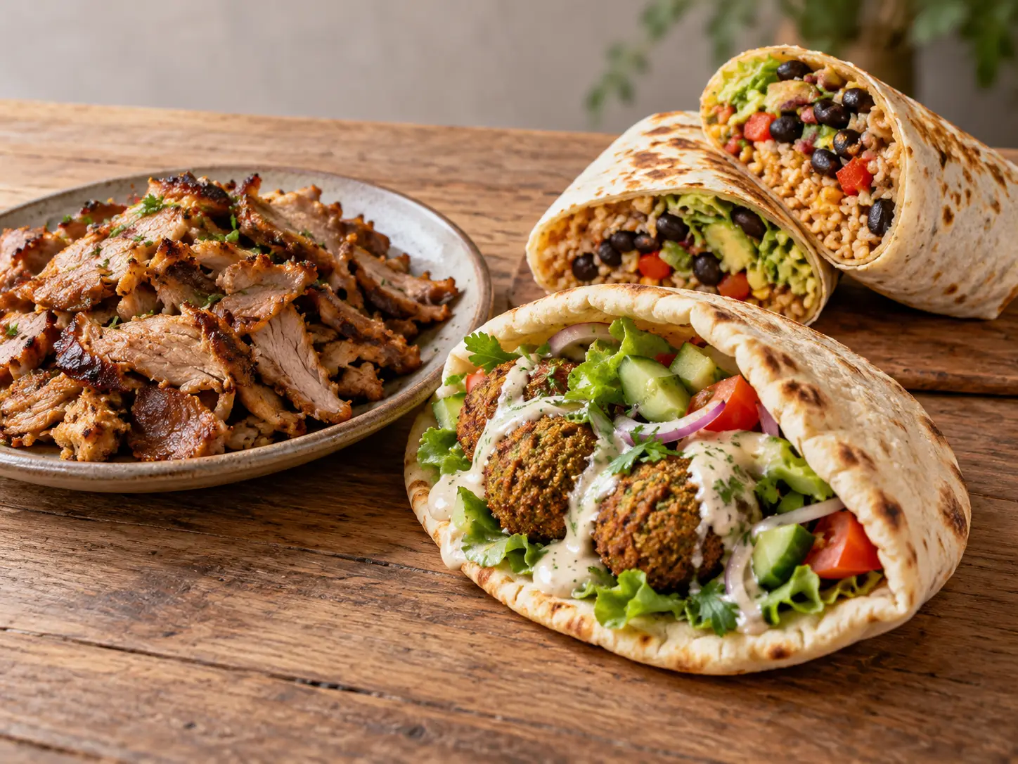 Döner-Alternative mit Gyros, Falafel im Fladenbrot und einem gefüllten Burrito auf einem Tisch