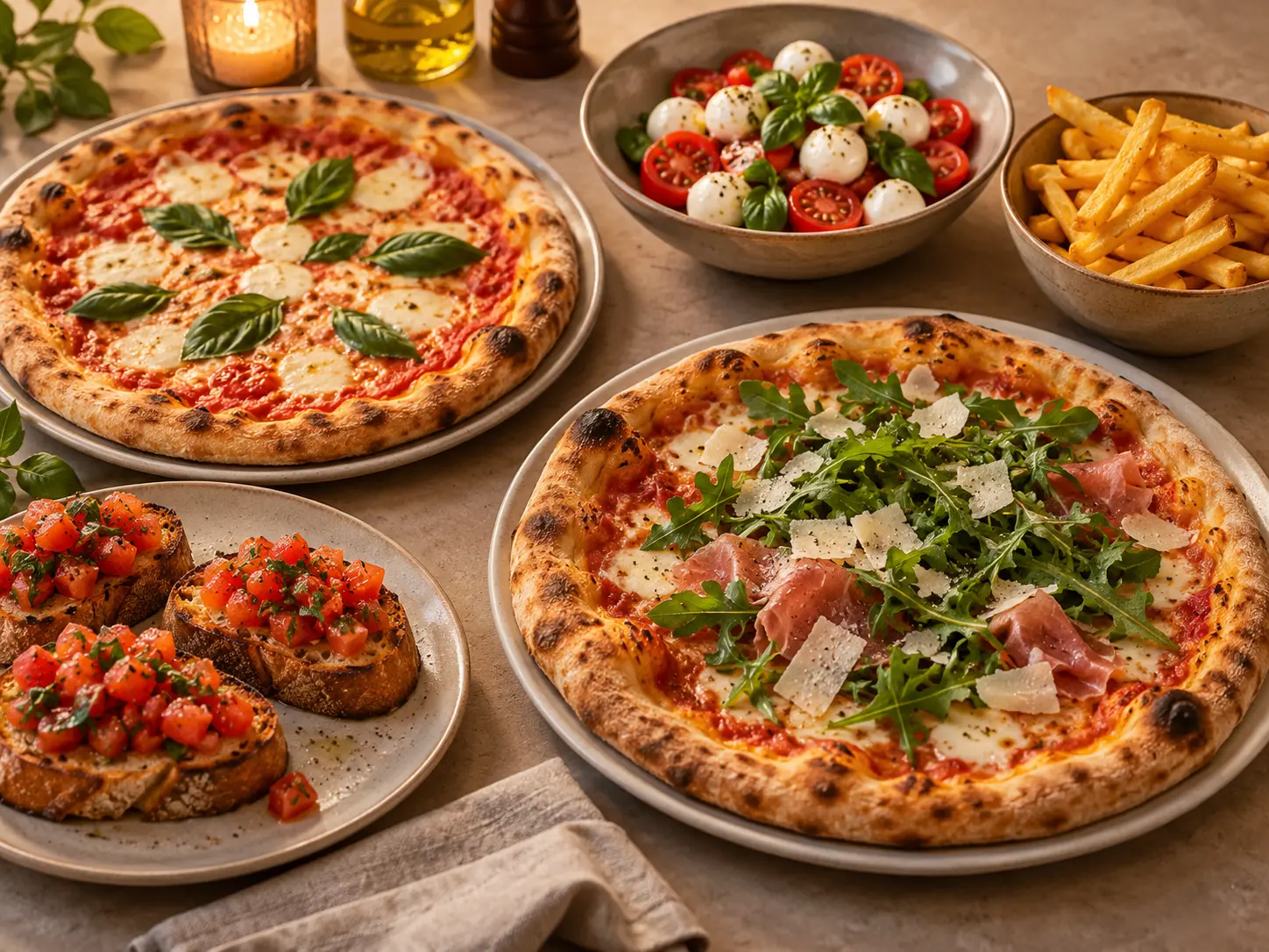 Essen bestellen als Gruppe: Pizza, Bruschetta und Beilagen zum gemeinsamen Teilen