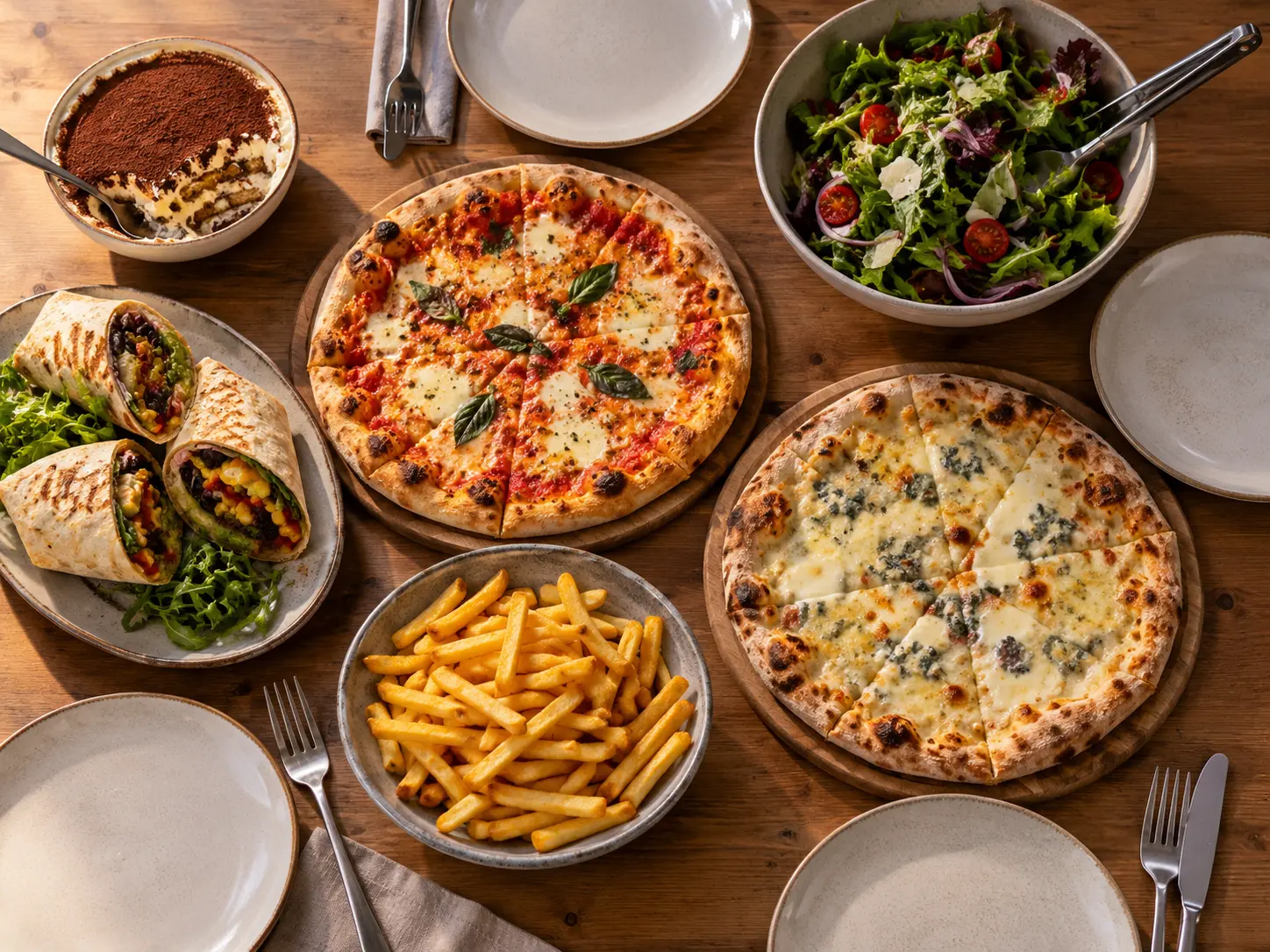 Essen teilen mit Freunden zuhause: Pizza, Gemüse-Burritos, Salat, Pommes und Tiramisu auf einem Tisch
