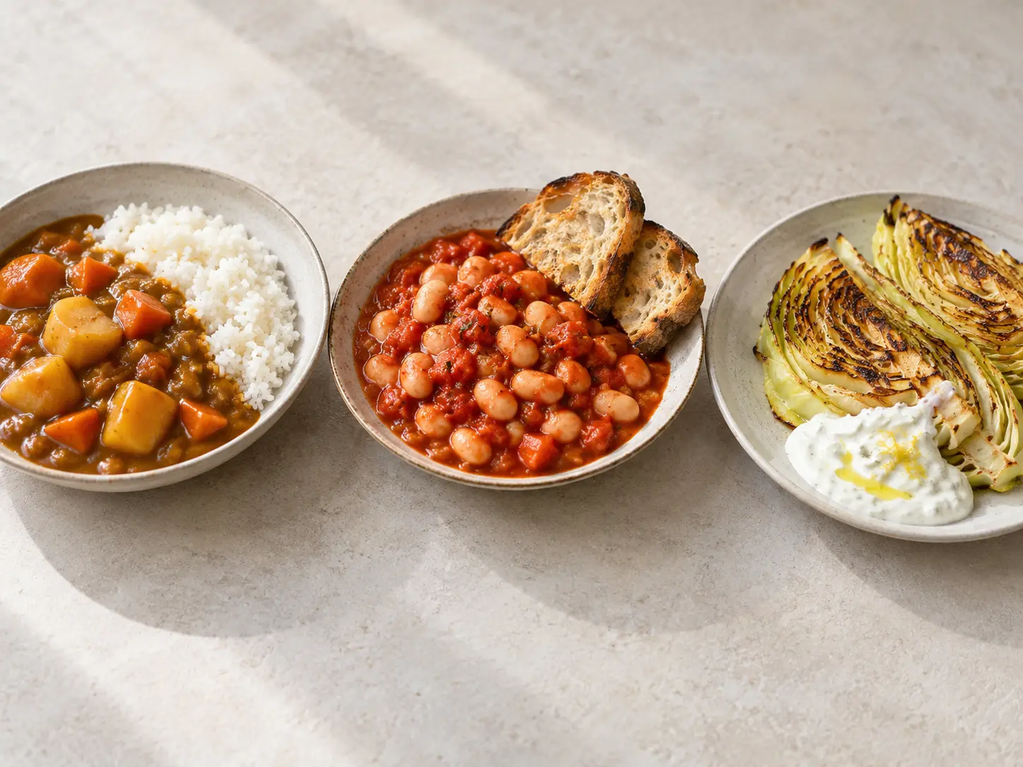 Foodtrends für zu Hause: japanisches Curry, weisse Bohnen in Tomatensauce und gerösteter Kohl