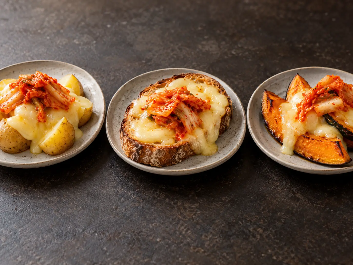 Drei Raclette-Ideen mit Kimchi auf Kartoffeln, knusprigem Brot und geröstetem Kürbis