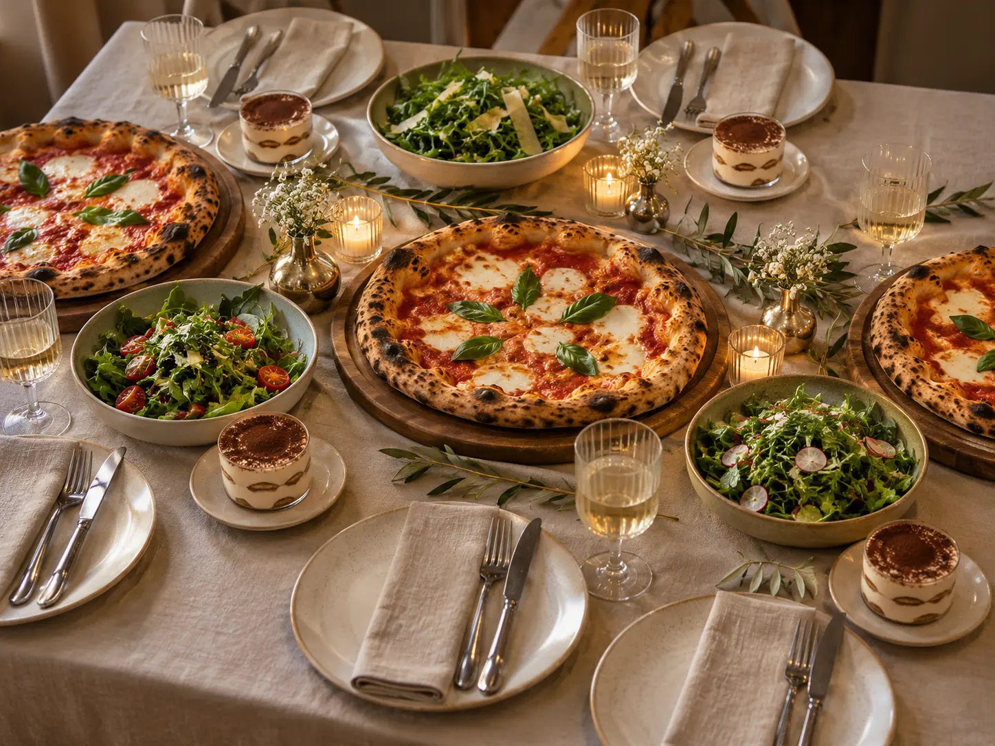Ein einfaches Silvester-Menü für sechs mit Pizza zum Teilen, grünem Salat und Tiramisu auf einem gedeckten Tisch