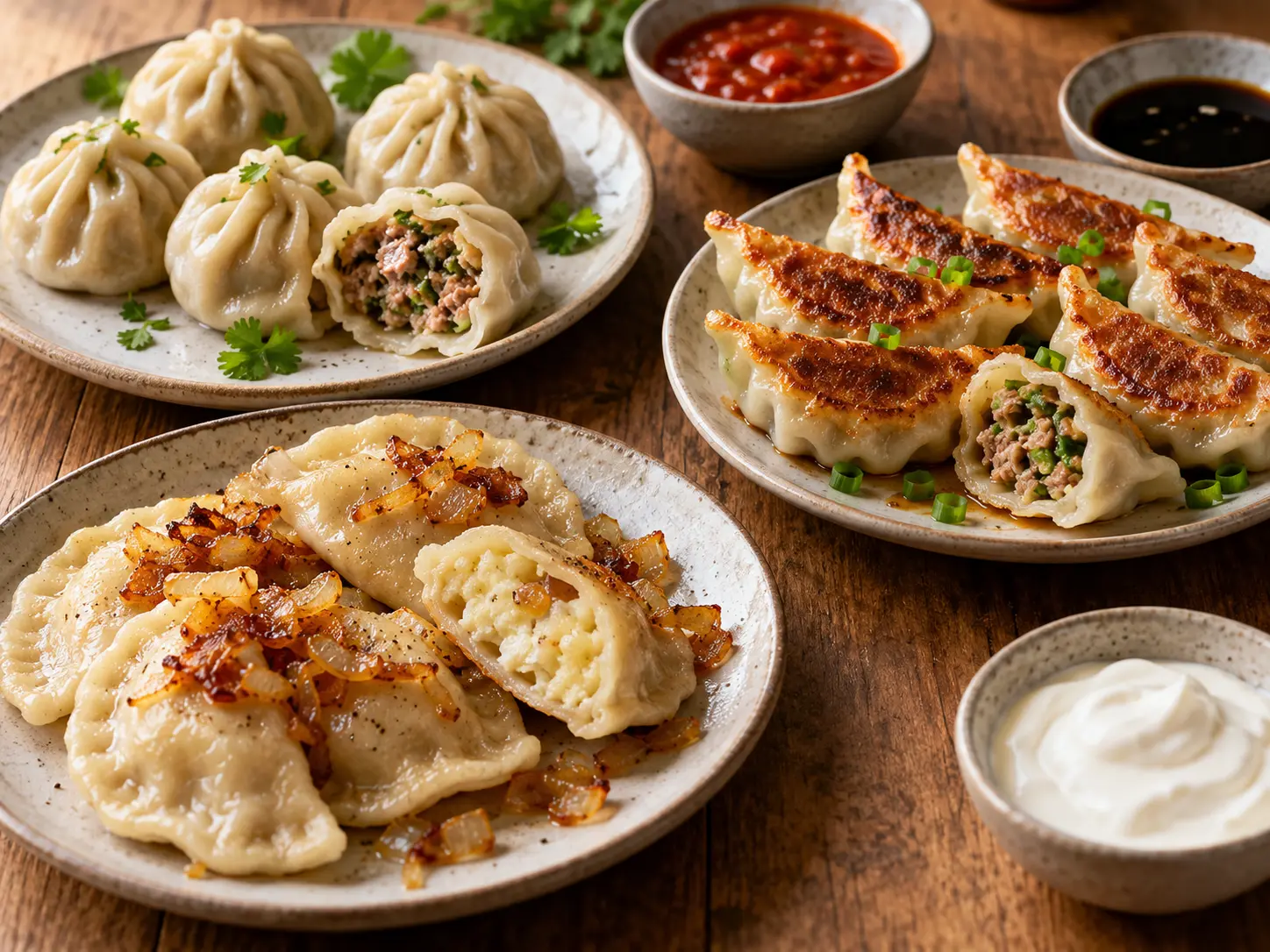 Momo, Gyoza und Pierogi für einen Teigtaschen-Probierabend auf drei Tellern mit passenden Dips