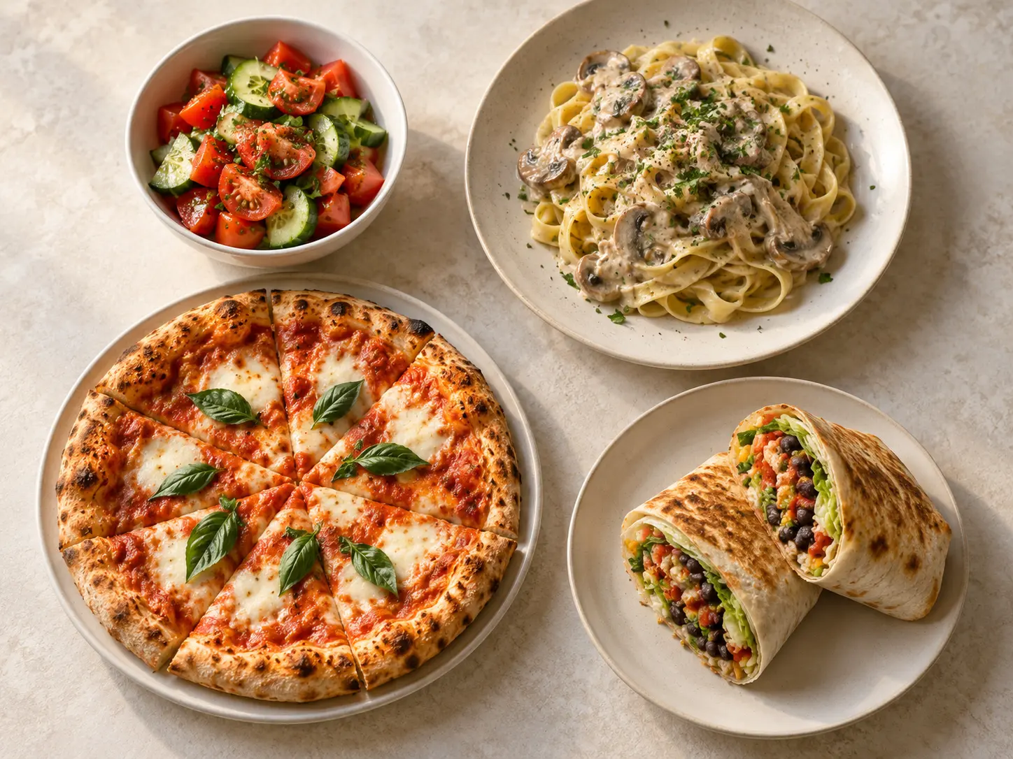 Salat, Pasta, Pizza und Gemüse-Burrito als Auswahl zur Frage «Was soll ich heute Abend essen?»